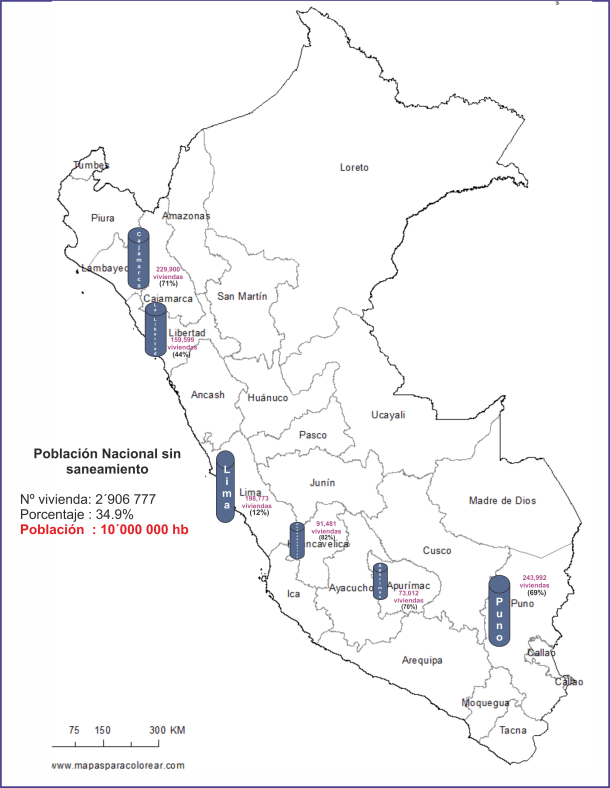 Mapa del Perú sin saneamiento