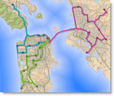 Este mapa muestra tres rutas utilizadas para optimizar el tiempo de viaje entre las paradas para tres vehículos de una flota. Generalmente, las organizaciones que utilizan análisis de redes para optimizar las rutas de los vehículos consiguen un ahorro del 20 por ciento o más en sus costes de entrega anuales